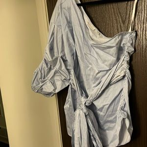 One-shoulder blue and white stripe top